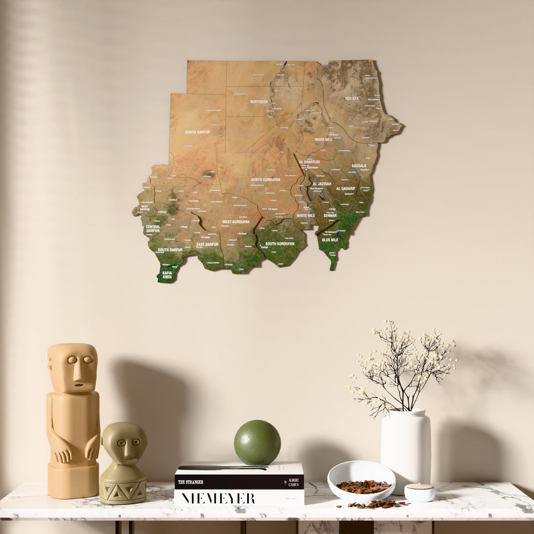 Satellite Sudan wooden wall map above a marble console, front view