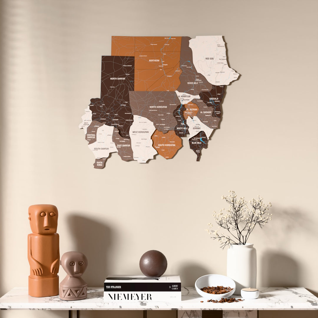 Soil Sudan wooden wall map above a marble console, front view