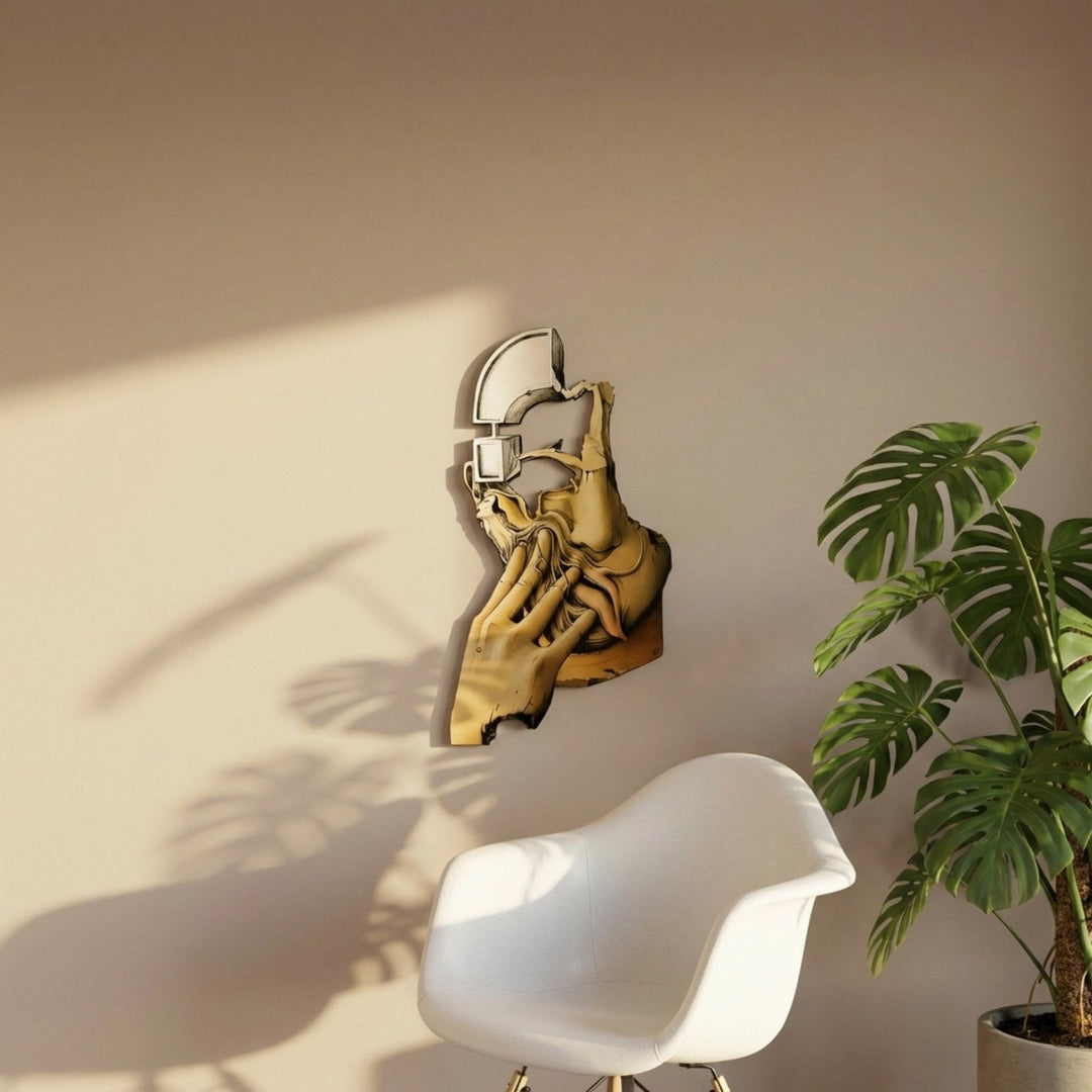 Surrealist silhouette metal wall art on a sunlit wall above a white chair and monstera