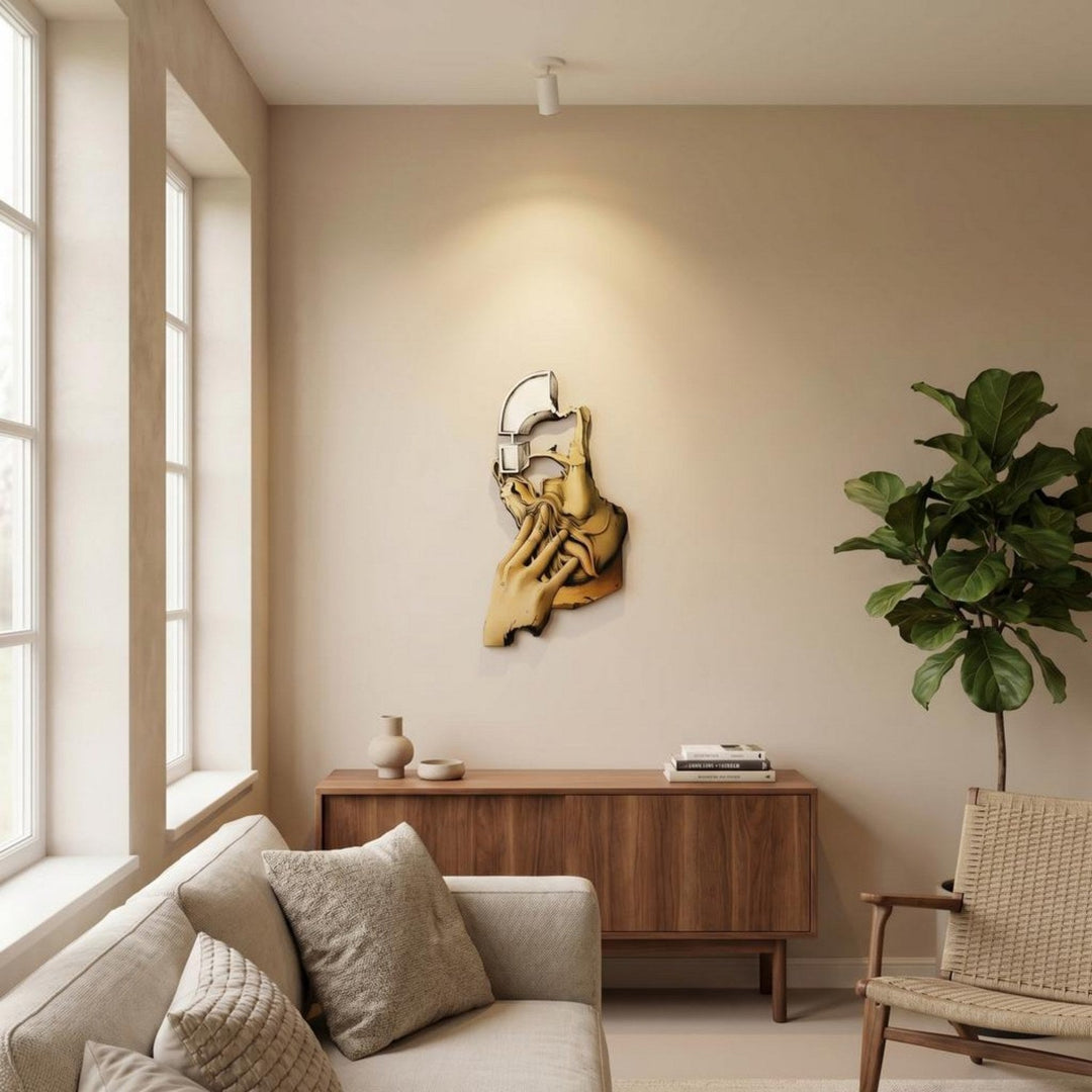 Surrealist silhouette UV printed metal art above a sofa and sideboard