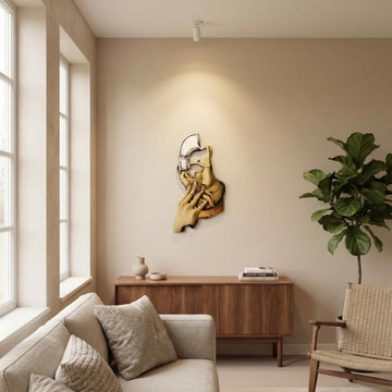 Surrealist silhouette UV printed metal art above a sofa and sideboard