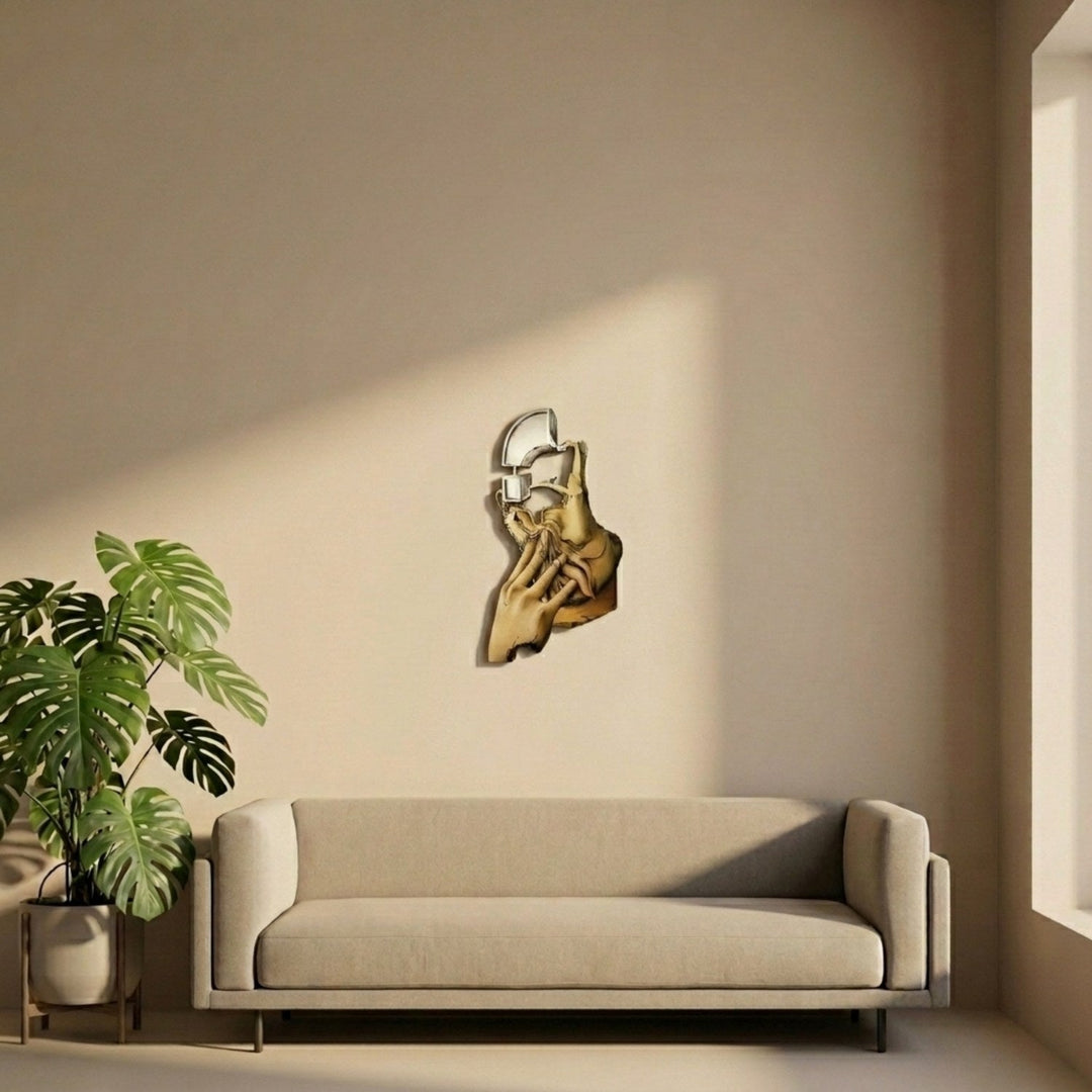 Surrealist silhouette metal wall art in a room with a beige sofa and monstera