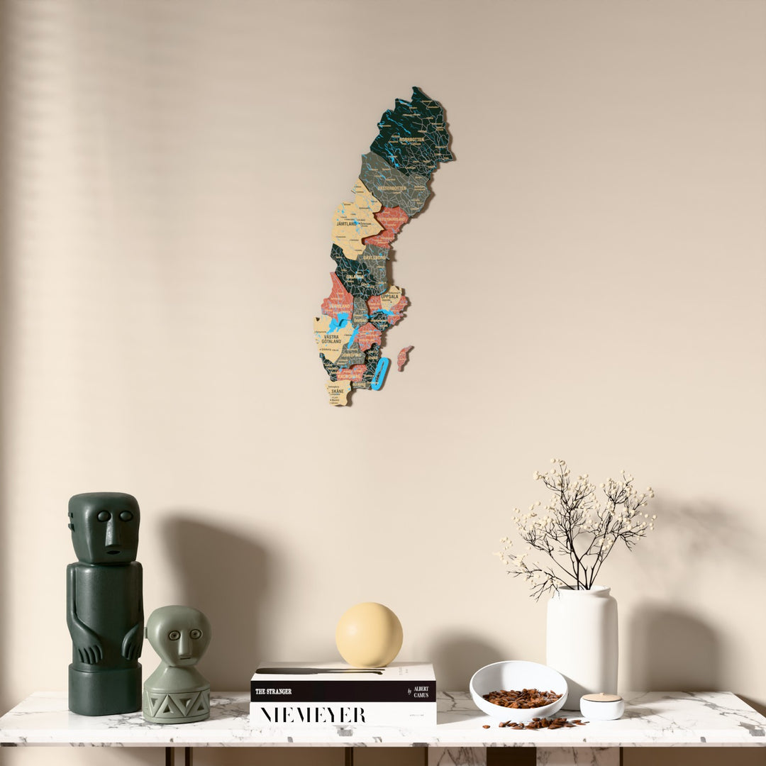 Sage Sweden wooden wall map above a marble console, front view