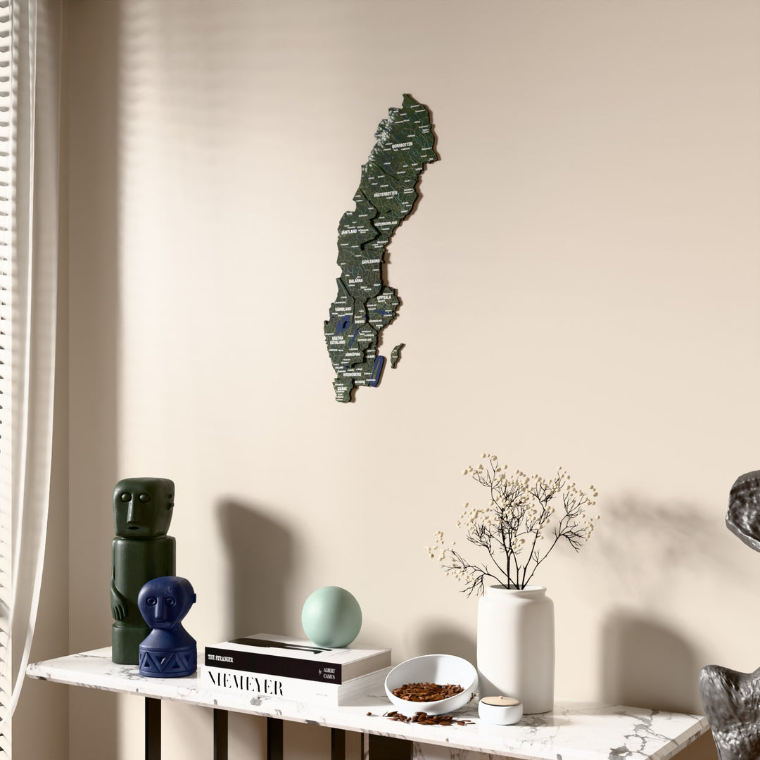 Satellite Sweden wooden wall map beside a sheer curtain, angled view