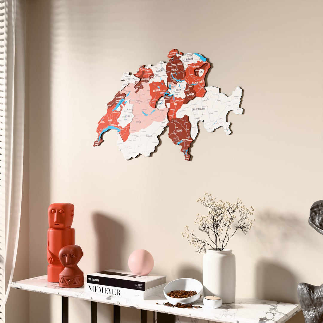 Flag colored Switzerland wooden wall map beside a sheer curtain, angled view