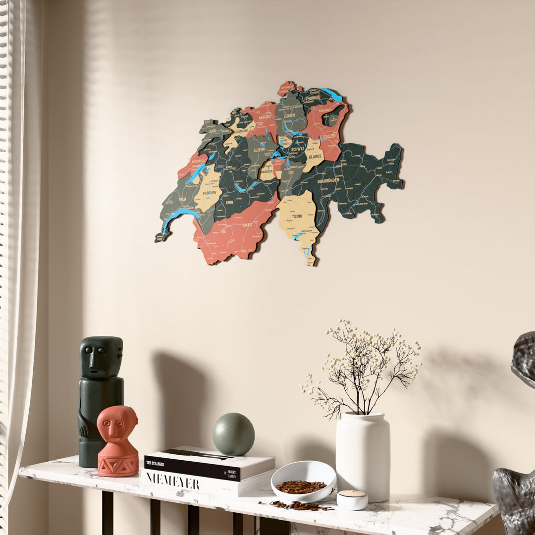 Sage Switzerland wooden wall map beside a sheer curtain, angled view