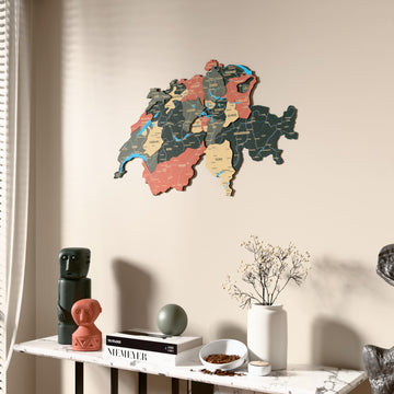 Sage Switzerland wooden wall map beside a sheer curtain, angled view