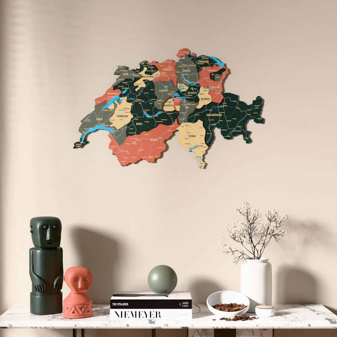 Sage Switzerland wooden wall map above a marble console, front view