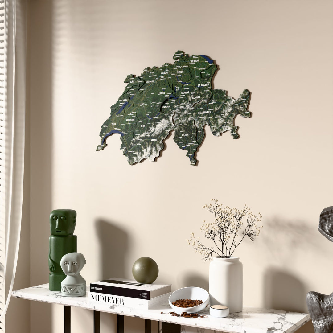 Satellite Switzerland wooden wall map beside a sheer curtain, angled view