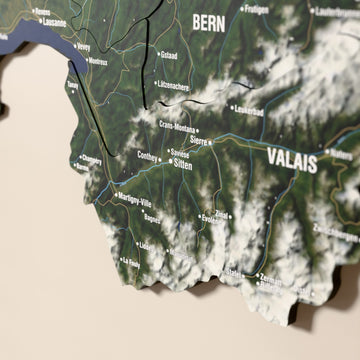 Close-up of the Satellite Switzerland wooden wall map with layered regions and printed names