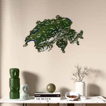 Satellite Switzerland wooden wall map above a marble console, front view