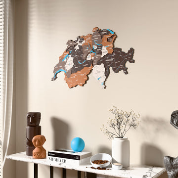 Soil Switzerland wooden wall map beside a sheer curtain, angled view