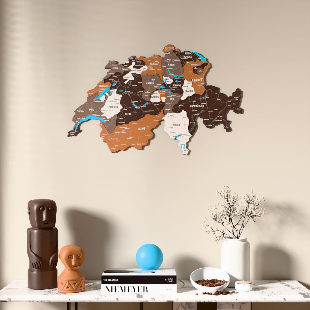 Soil Switzerland wooden wall map above a marble console, front view
