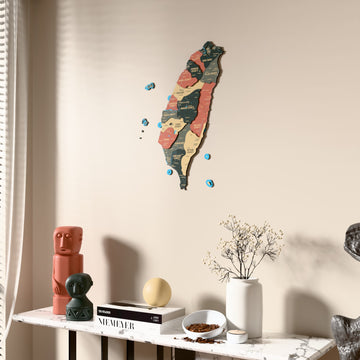 Sage Taiwan wooden wall map beside a sheer curtain, angled view