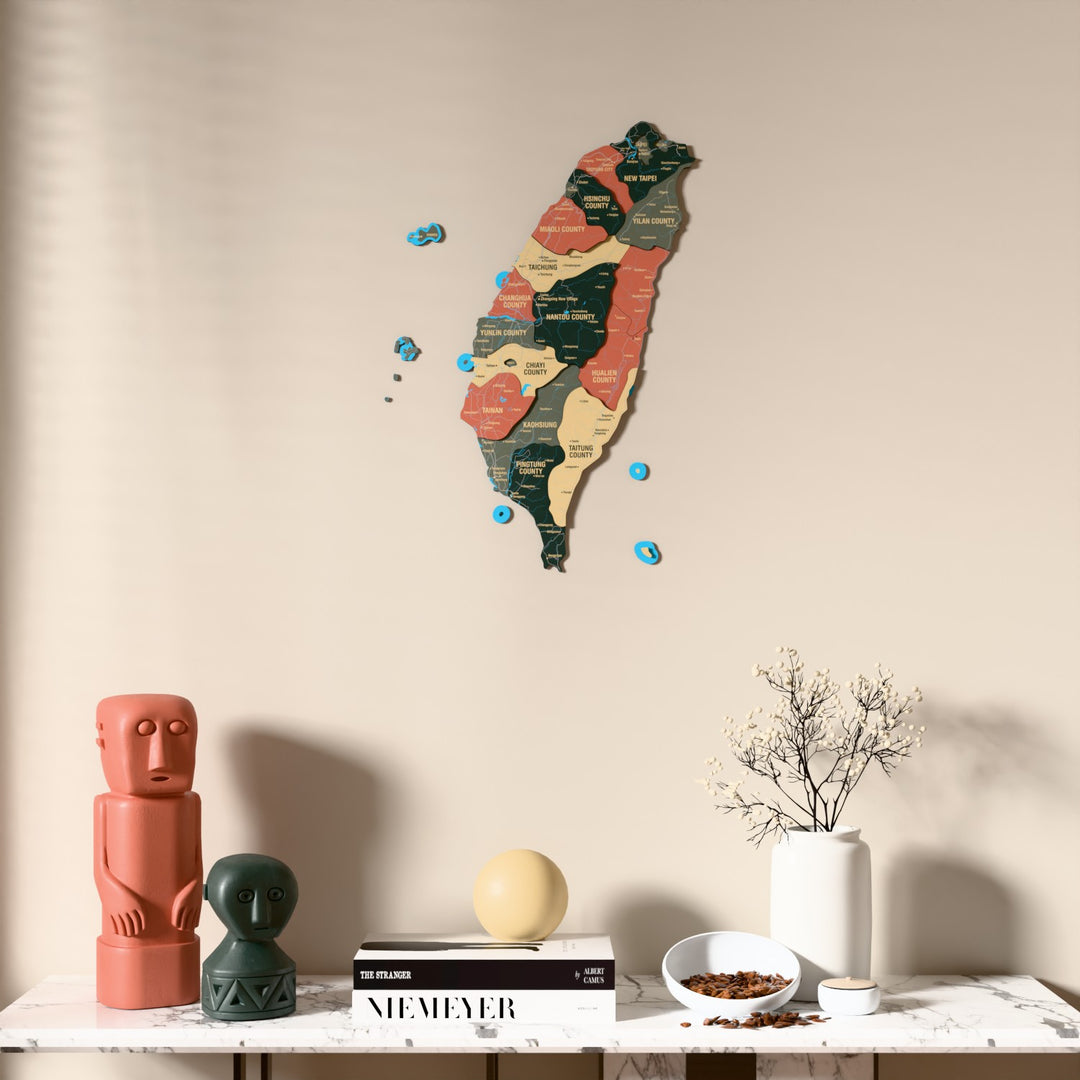 Sage Taiwan wooden wall map above a marble console, front view