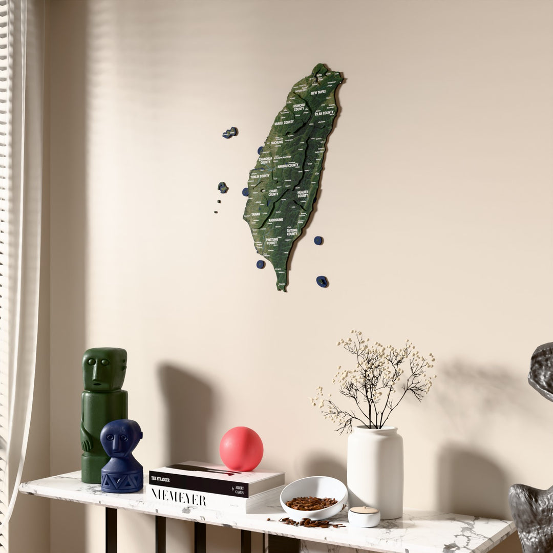 Satellite Taiwan wooden wall map beside a sheer curtain, angled view