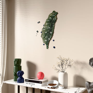 Satellite Taiwan wooden wall map beside a sheer curtain, angled view