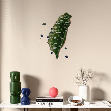 Satellite Taiwan wooden wall map above a marble console, front view