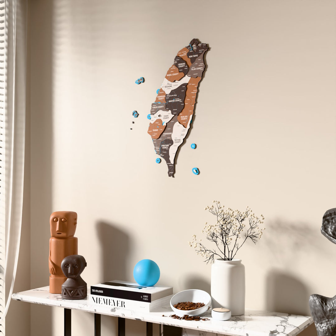 Soil Taiwan wooden wall map beside a sheer curtain, angled view