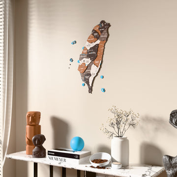Soil Taiwan wooden wall map beside a sheer curtain, angled view