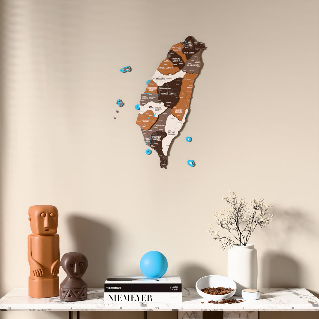 Soil Taiwan wooden wall map above a marble console, front view