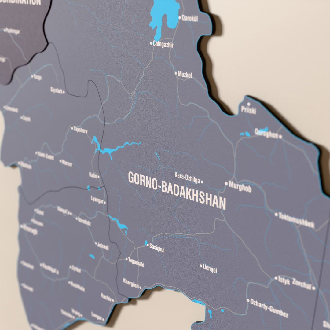 Close-up of the Nimbus Tajikistan wooden wall map with layered regions and printed names
