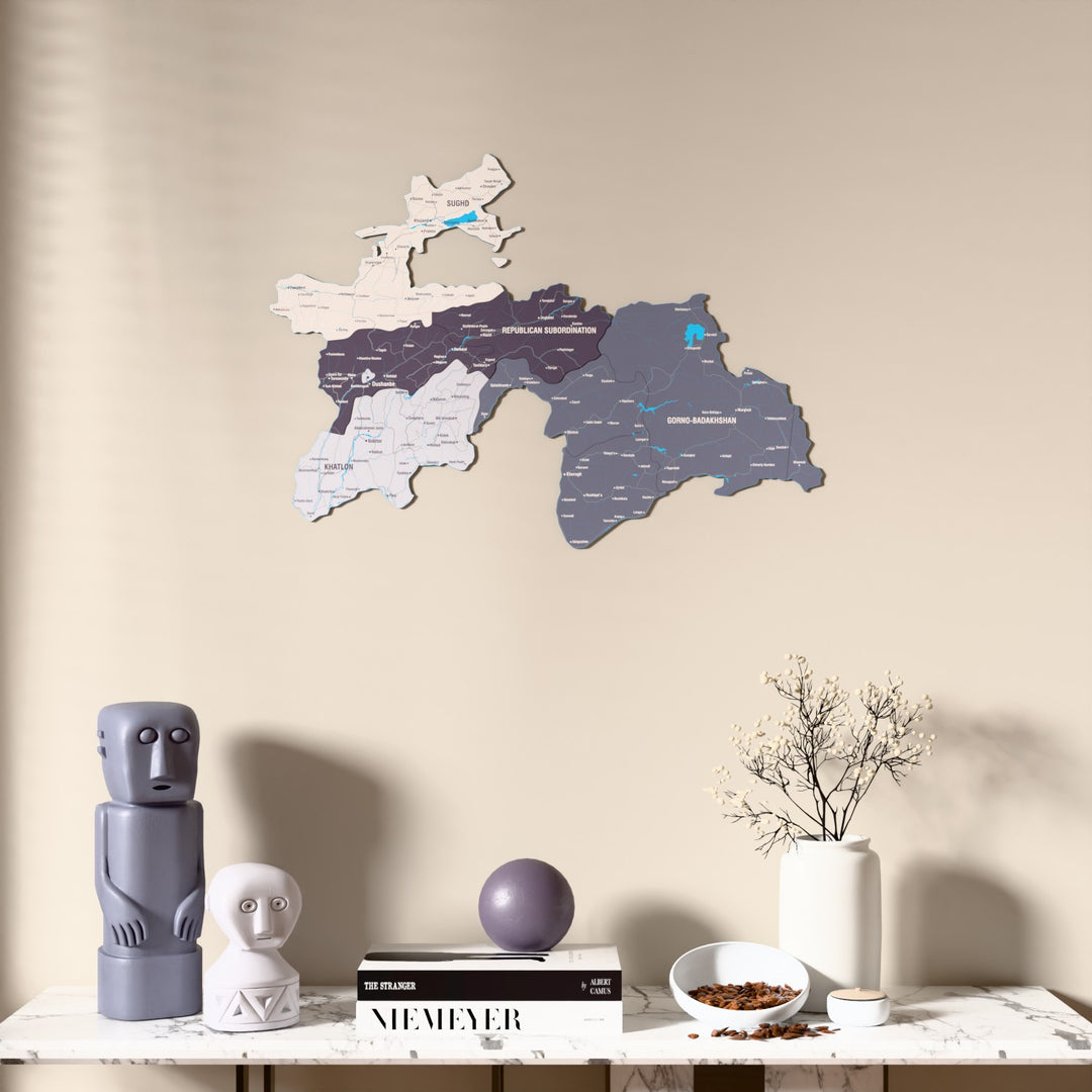 Nimbus Tajikistan wooden wall map above a marble console, front view