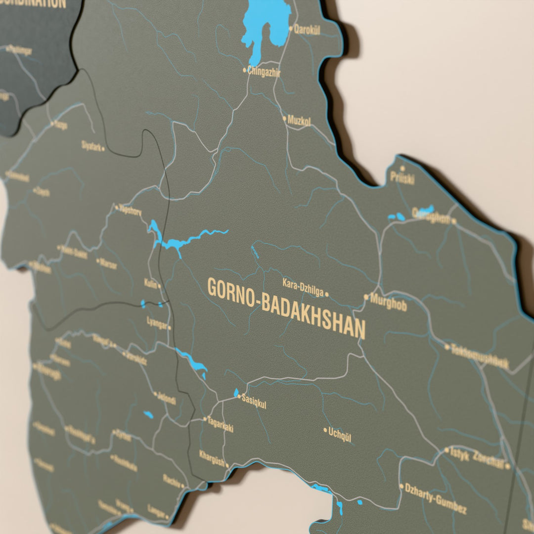 Close-up of the Sage Tajikistan wooden wall map with layered regions and printed names