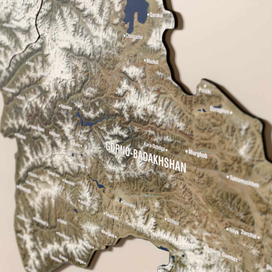 Close-up of the Satellite Tajikistan wooden wall map with layered regions and printed names