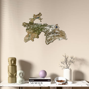 Satellite Tajikistan wooden wall map above a marble console, front view