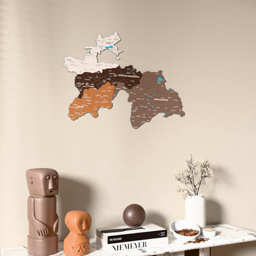 Soil Tajikistan wooden wall map on a beige wall above a console with figurines