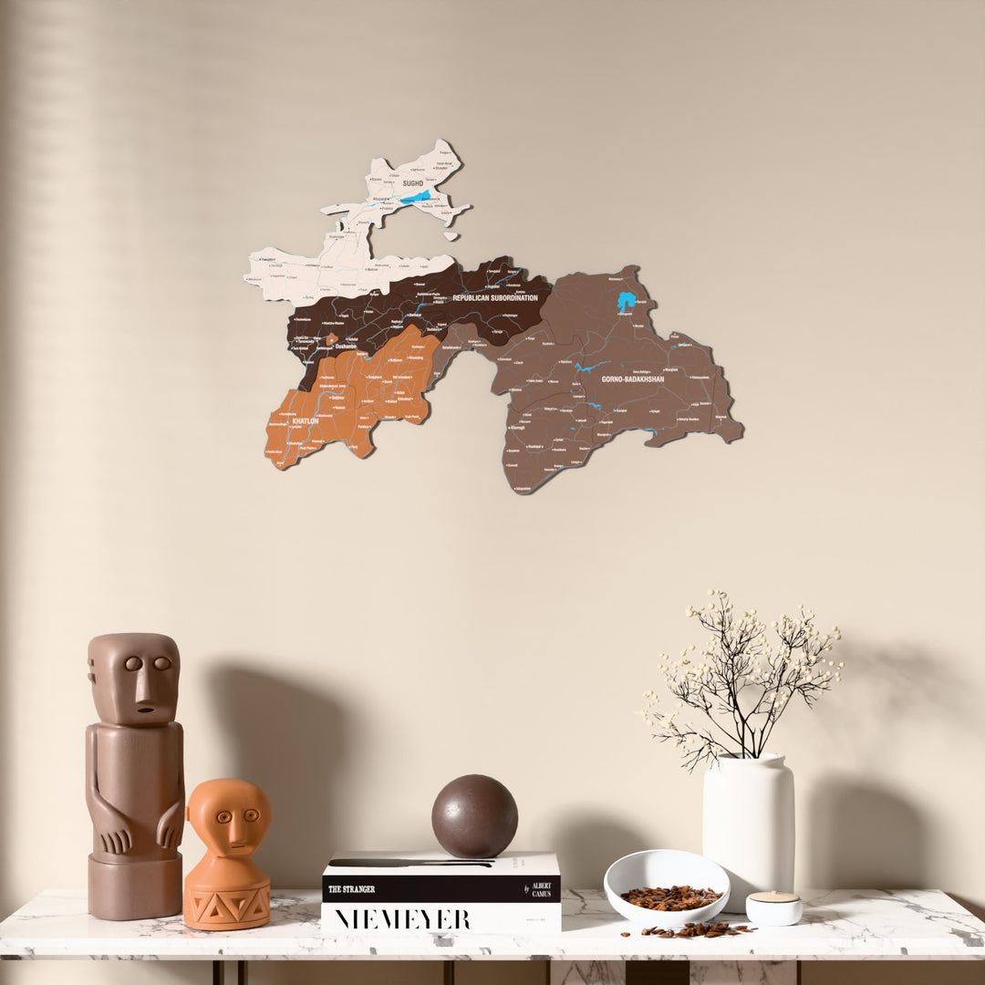 Soil Tajikistan wooden wall map above a marble console, front view