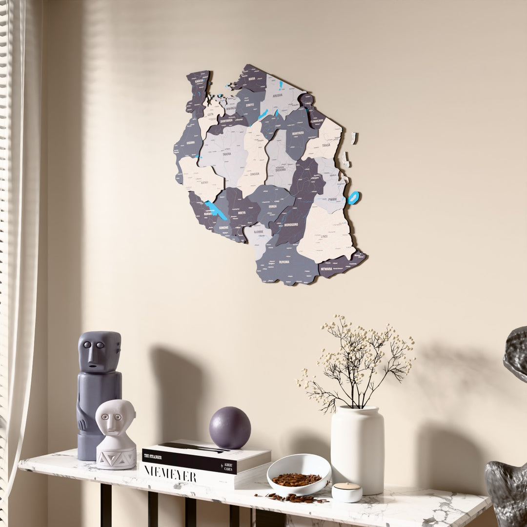 Nimbus Tanzania wooden wall map beside a sheer curtain, angled view