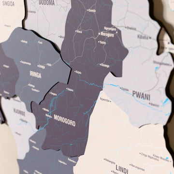 Close-up of the Nimbus Tanzania wooden wall map with layered regions and printed names
