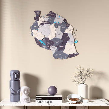 Nimbus Tanzania wooden wall map above a marble console, front view
