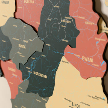 Close-up of the Sage Tanzania wooden wall map with layered regions and printed names