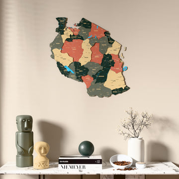 Sage Tanzania wooden wall map above a marble console, front view