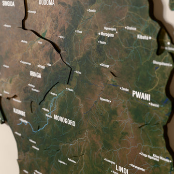 Close-up of the Satellite Tanzania wooden wall map with layered regions and printed names