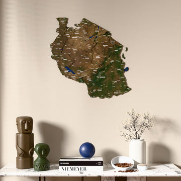 Satellite Tanzania wooden wall map above a marble console, front view