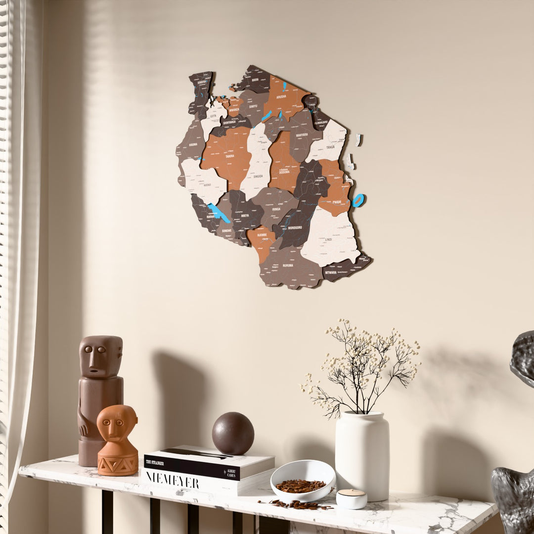 Soil Tanzania wooden wall map beside a sheer curtain, angled view
