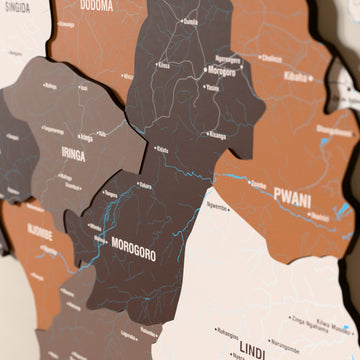 Close-up of the Soil Tanzania wooden wall map with layered regions and printed names