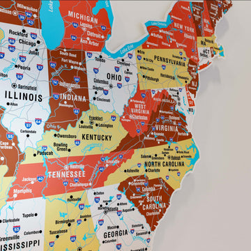 Close-up of the terracotta metal USA map showing Michigan, Ohio, Kentucky, Tennessee and Virginia with highways and rivers