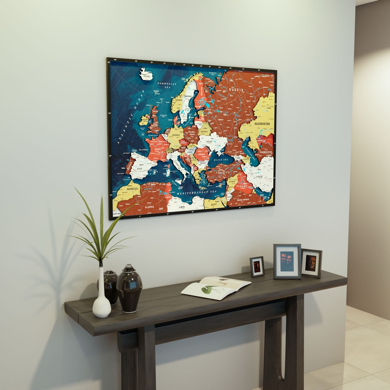 Wooden Europe Map with Rivers & Details (Terracotta) – ColorfullWorlds