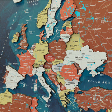 Wooden Europe map with rivers in Terracotta, close-up of central Europe and the Baltic region