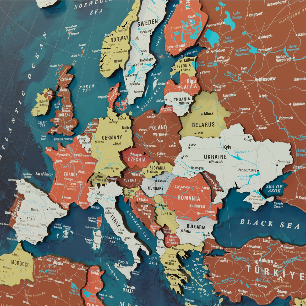 Wooden Europe Map with Rivers & Details (Terracotta) – ColorfullWorlds