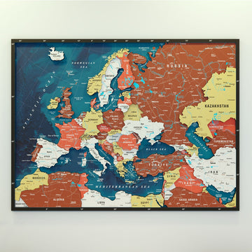 Wooden Europe map with rivers in Terracotta, front view of the layered country panels