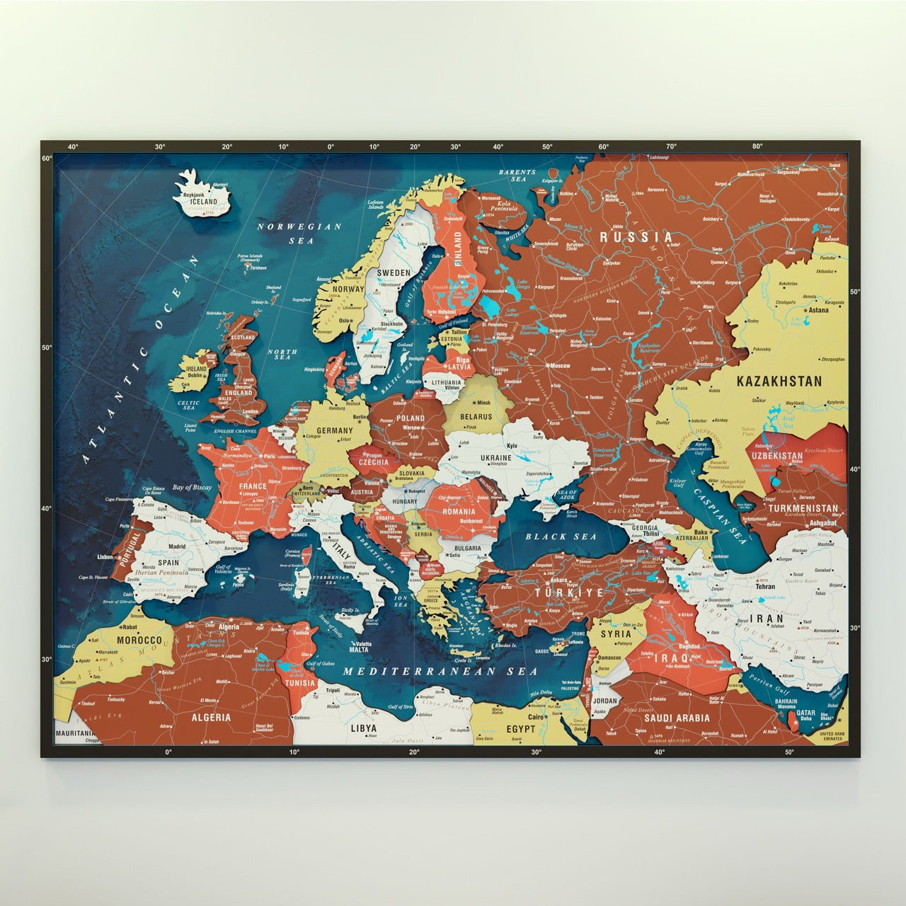 Wooden Europe Map with Rivers & Details (Terracotta) – ColorfullWorlds