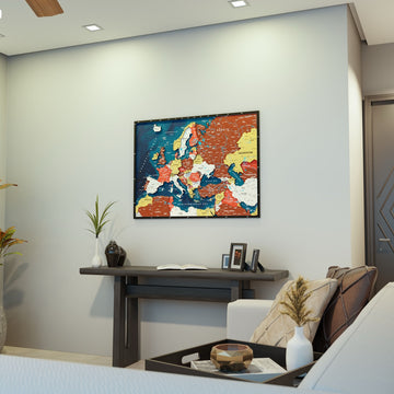 Wooden Europe map with rivers in Terracotta, above a console table behind a living room sofa