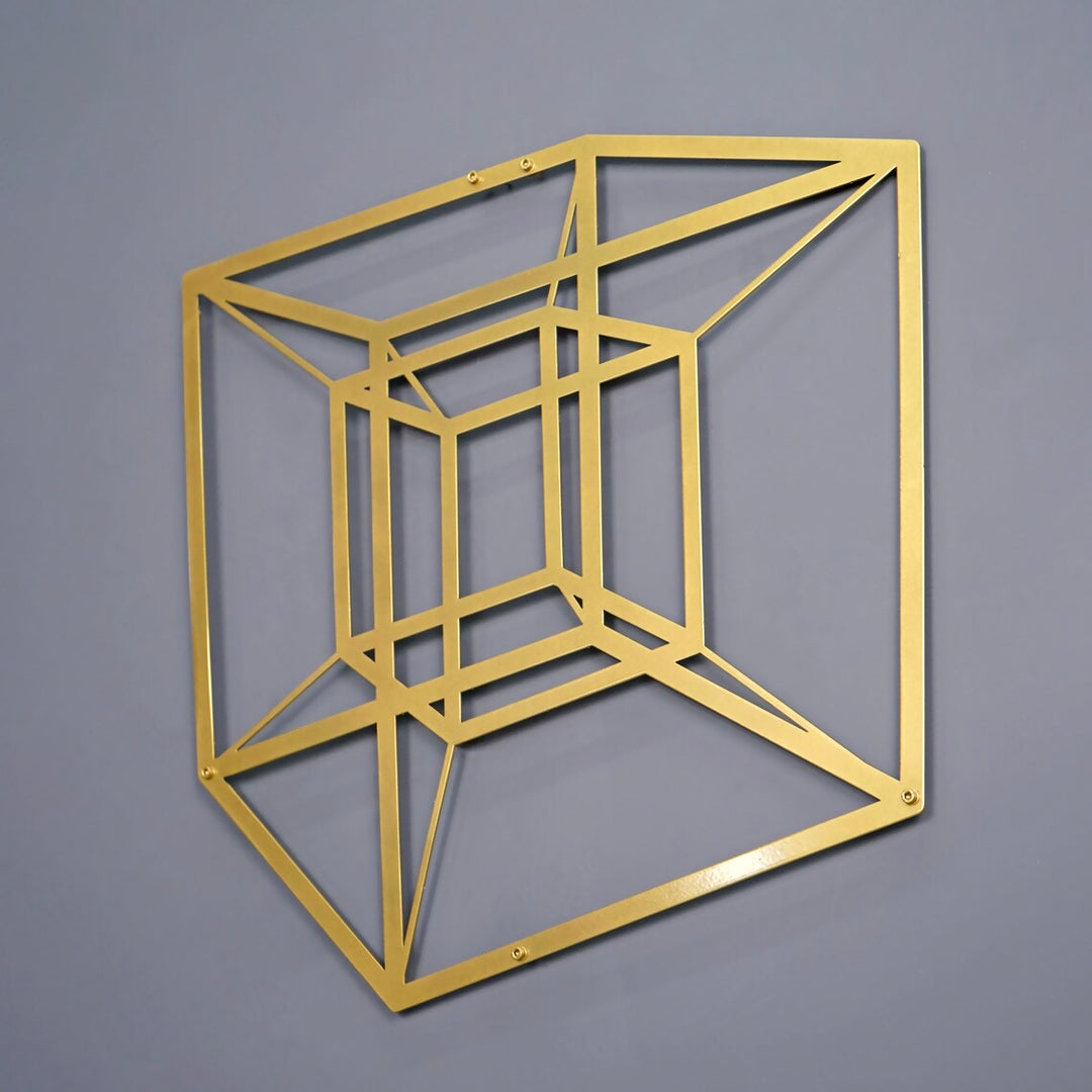 Gold tesseract cube geometric metal wall art, front view