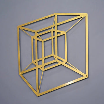 Gold tesseract cube geometric metal wall art, front view